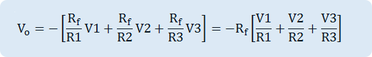 V_o=-[R_f/R1 V1+R_f/R2 V2+R_f/R3 V3]=-R_f [V1/R1+V2/R2+V3/R3]