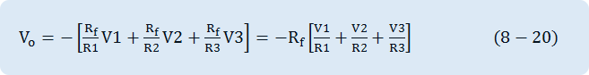 V_o=-[R_f/R1 V1+R_f/R2 V2+R_f/R3 V3]=-R_f [V1/R1+V2/R2+V3/R3]